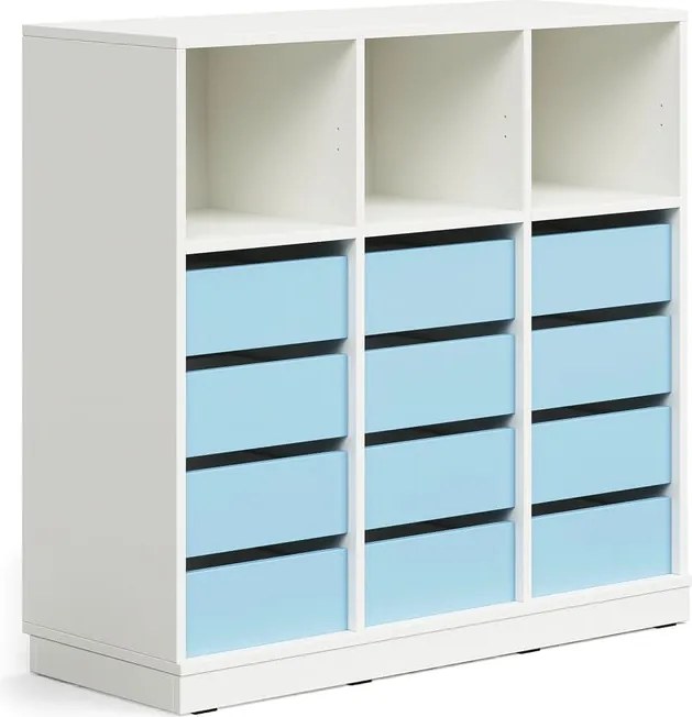 Úložná skrinka CASPER, 12 zásuviek, 3 horné priehradky, so soklom, biela/sky blue