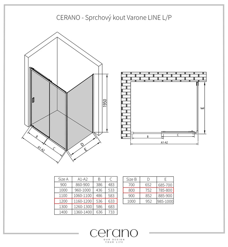 CERANO - Sprchovací kút Varone LINE L/P - čierna matná, grafitové sklo - 120x80 cm - posuvný, CER-CER-8050BD7221
