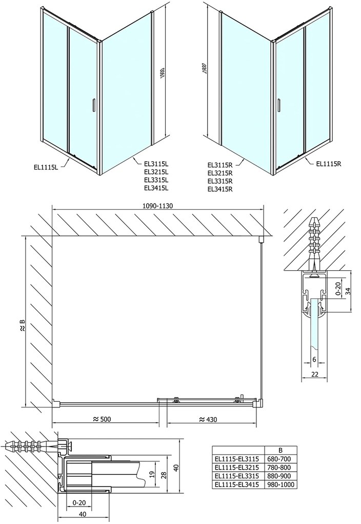 Polysan Polysan, Easy Line obdĺžniková sprchová zástena 1100x1000mm L/P varianta, EL1115EL3415