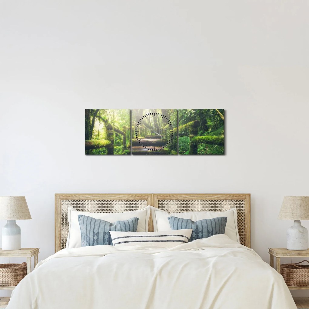 Obraz - drevené schody v lese (s hodinami) (90x30 cm)