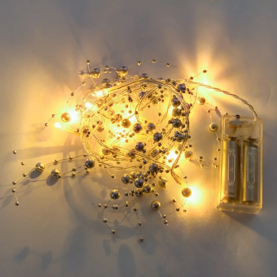 DECOLED LED světelný řetěz na baterie, stříbrné perly, teple bílá, 10 diod, 1,3 m