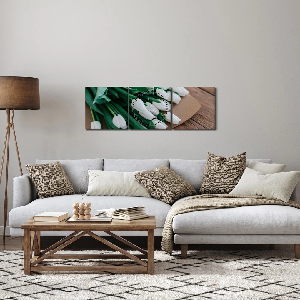 Obraz kytice bielych tulipánov (s hodinami) (90x30 cm)