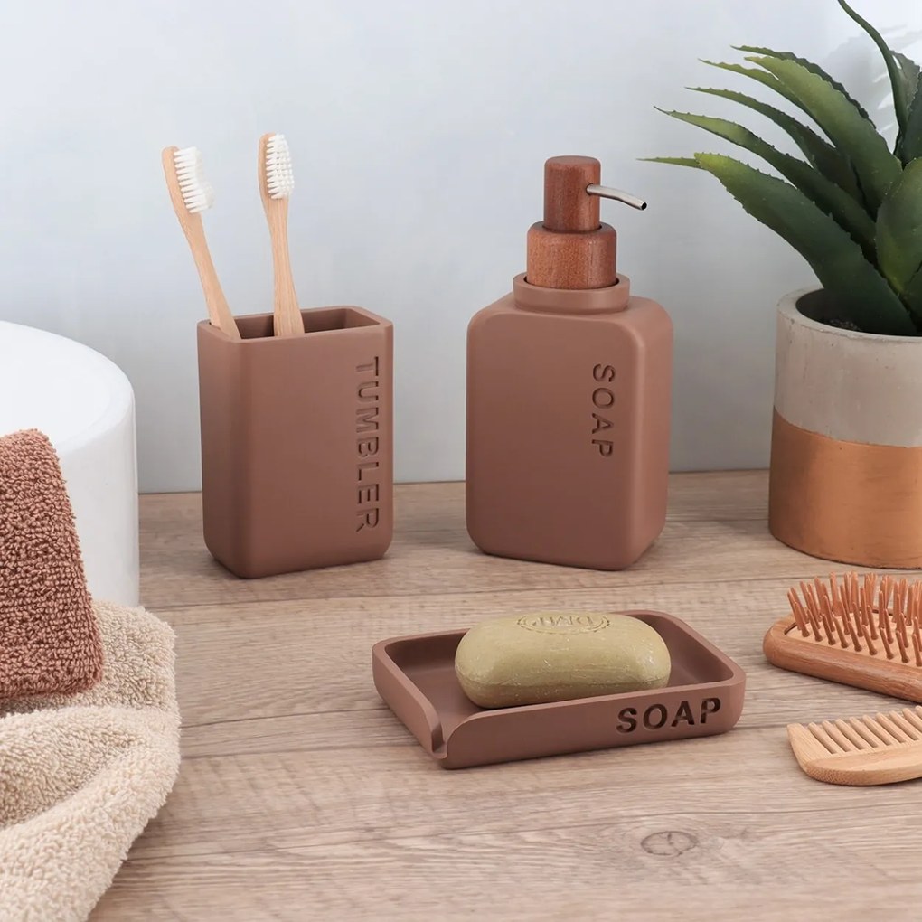 Sada kúpeľňových doplnkov Salva, hnedá/s drevenými prvkami