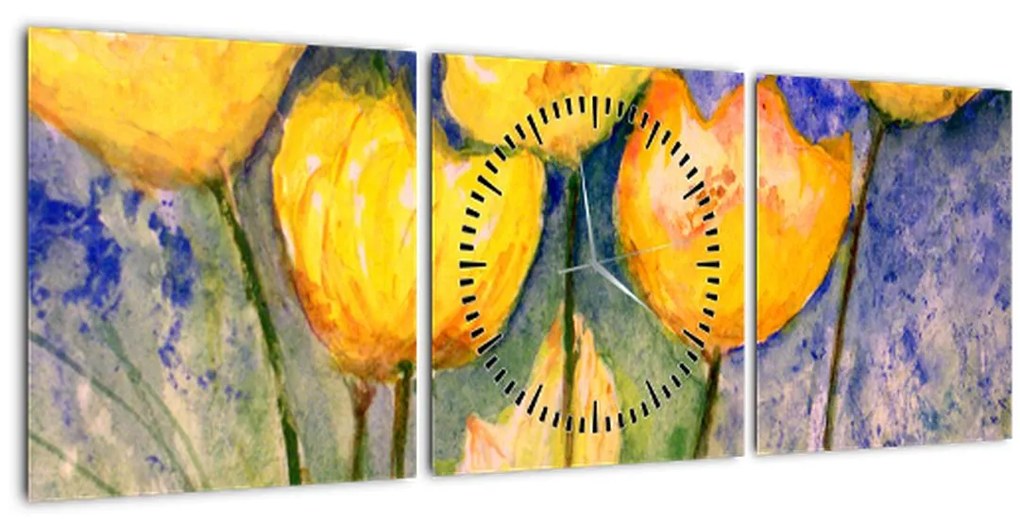 Obraz - Žlté tulipány (s hodinami) (90x30 cm)