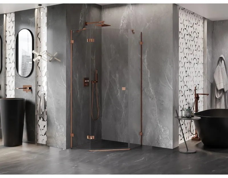 Mexen Lunar, Päťuholníkový sprchový kút Mexen Lunar naklápací doľava 100 x 100 cm, 8mm číre sklo, profil ružové zlato, 831-100L-100P-60-00-L