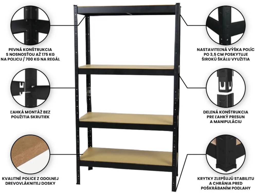 Fistar MEGA HIT: Regál 1500x700x300 mm lakovaný 4-policový, nosnosť 700 kg - ČIERNY