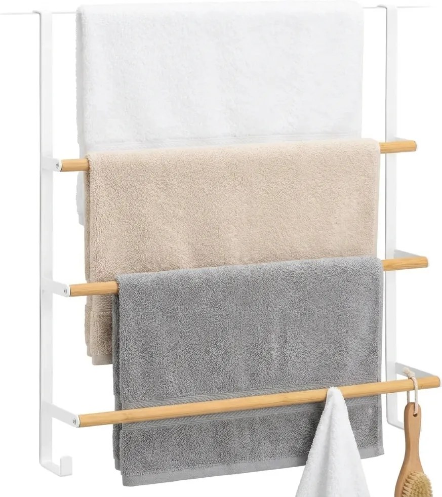 Zeller Present Věšák na ručníky na dveře, bílý kov, bambus, 51 x 13 x 56 cm