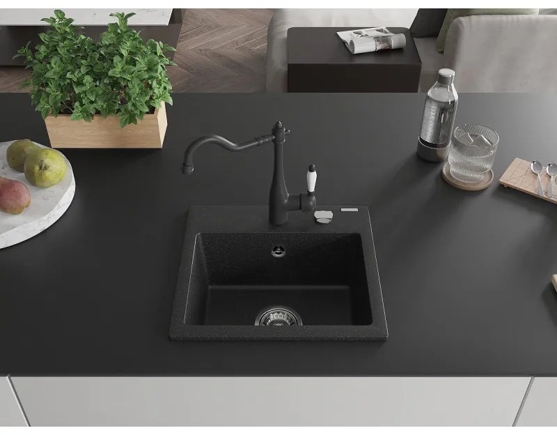 Mexen Milo, granitový drez 435x410x171 mm, 1-komorový a drezová batéria Carla, čierna-strieborná metalíza, 6505-73-670700-70