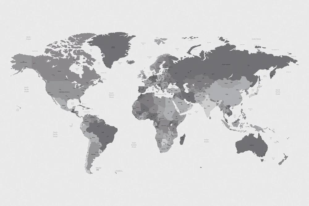 Samolepiaca tapeta detailná mapa sveta v čiernobielom prevedení - 150x100