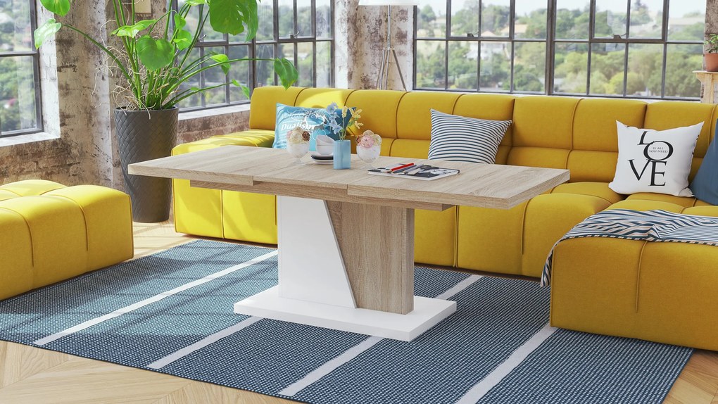 NOIR dub sonoma / biely, rozkladací, konferenčný stôl, stolík