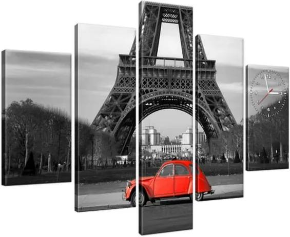 Obraz s hodinami Červené auto pod Eiffelovou vežou 150x105cm ZP1116A_5H