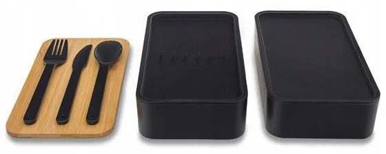 Svačinový box DUO LUNCH s príborom, čierny/bambus