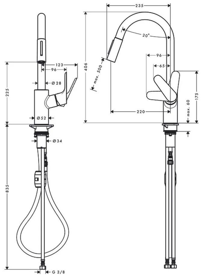 Hansgrohe Focus M41, páková kuchynská batéria 240, Eco, vyťahovateľná sprška, 2jet, chrómová, HAN-31833000