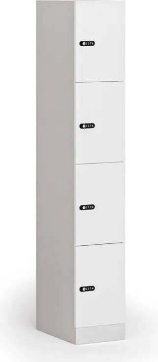 Šatníková skrinka S1 s úložnými boxmi, 4 boxy, 1850 x 300 x 500 mm, demont, mechanický kódový zámok, laminované dvere, biela