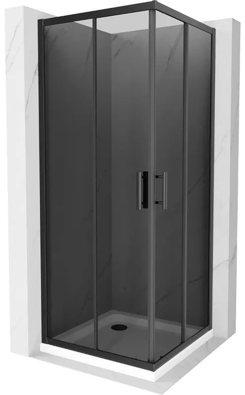 Mexen Rio, štvorcový sprchovací kút s posuvnými dverami 90(dvere) x 90(dvere) x 190 cm, 6mm šedé sklo, čierny profil + biela sprchová vanička SLIM, 860-090-090-70-40-4010B