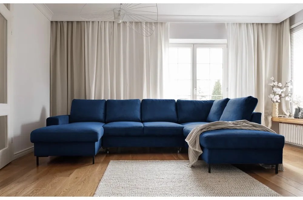 Tmavomodrá menčestrová rozkladacia rohová pohovka (pravý roh) Lofty Lilly – Miuform