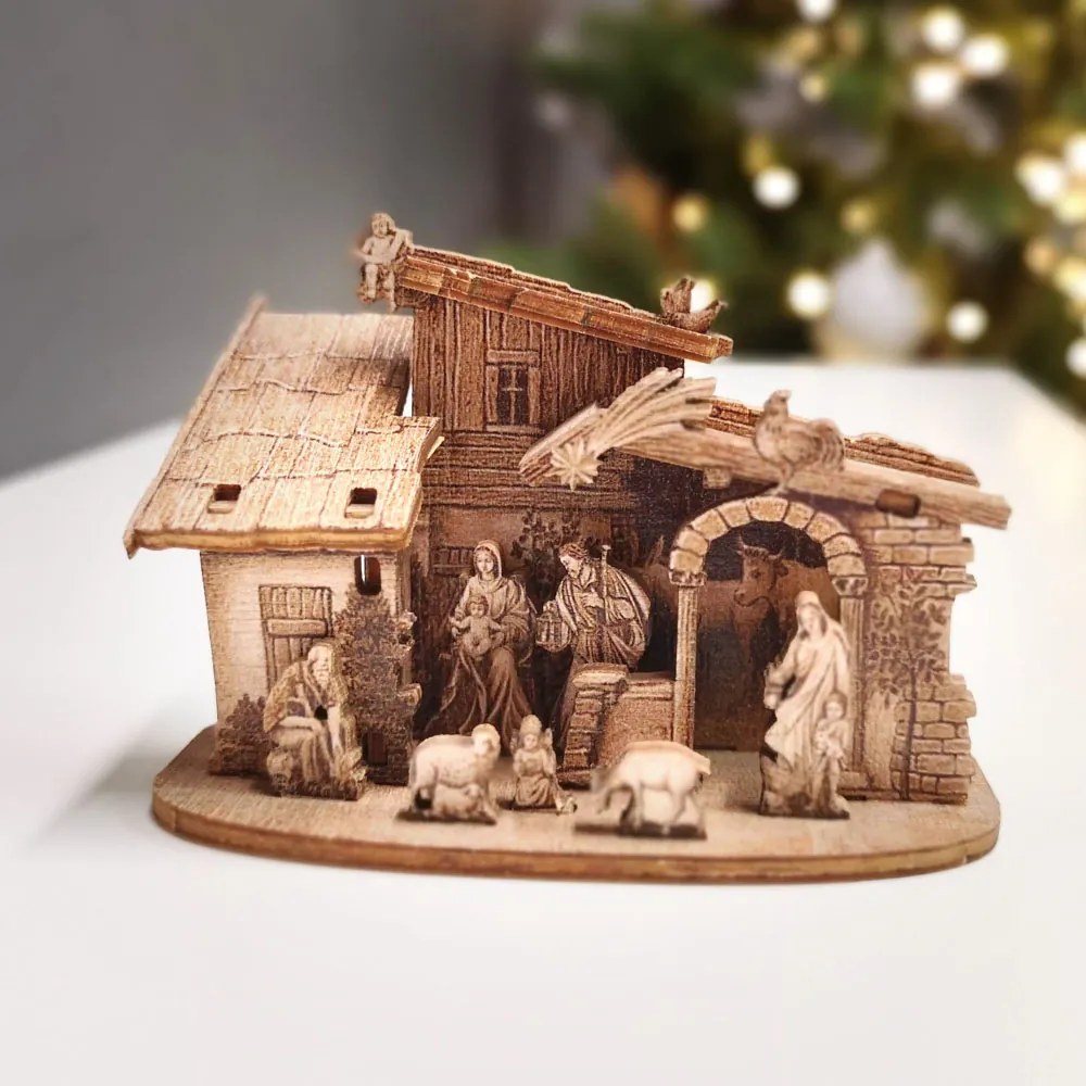 AMADEA Drevený skladací betlehem sépiový 3D 6 cm