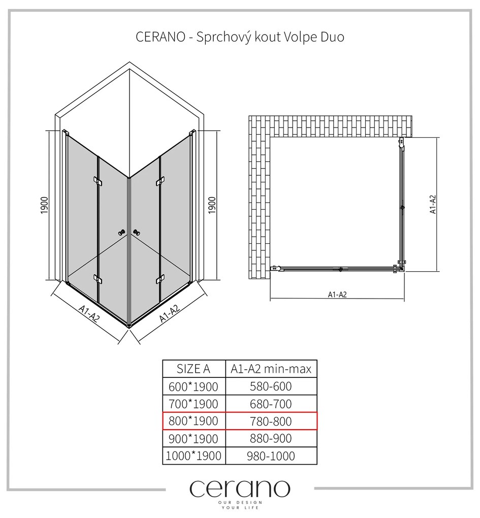 Cerano Volpe Duo, sprchovací kút so skladacími dverami 80(dvere) x 80(dvere), 6mm číre sklo, čierny profil, CER-CER-427381