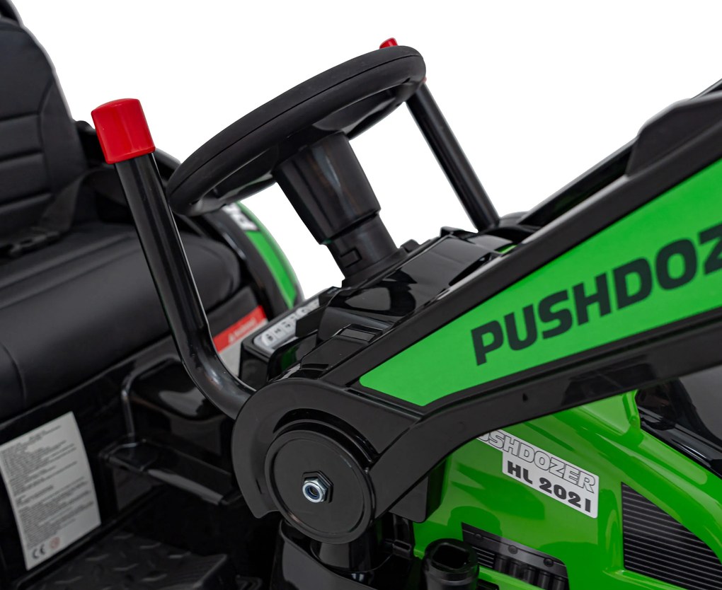 Zelený detský traktorový bager na batérie + pohyblivé rameno + diaľkové ovládanie + pomalý štart + FM rádio + LED