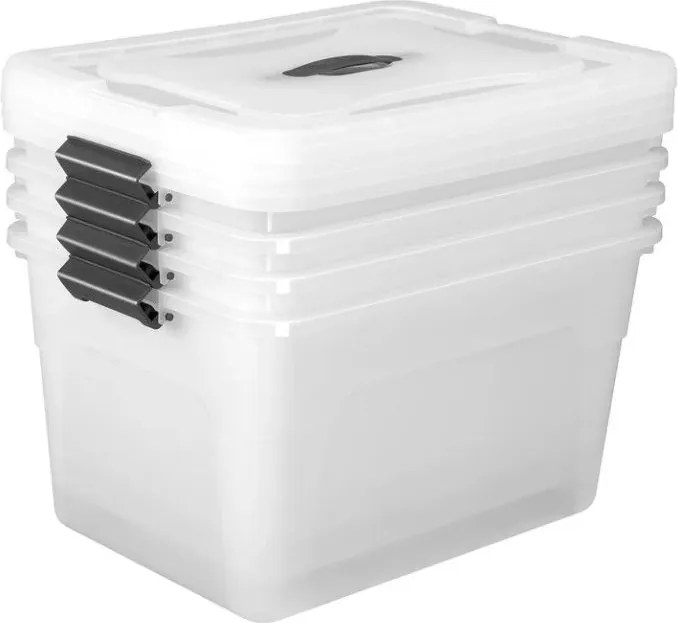 Sada 4 úložných boxov s viečkami, 30 l, plast, priehľadné