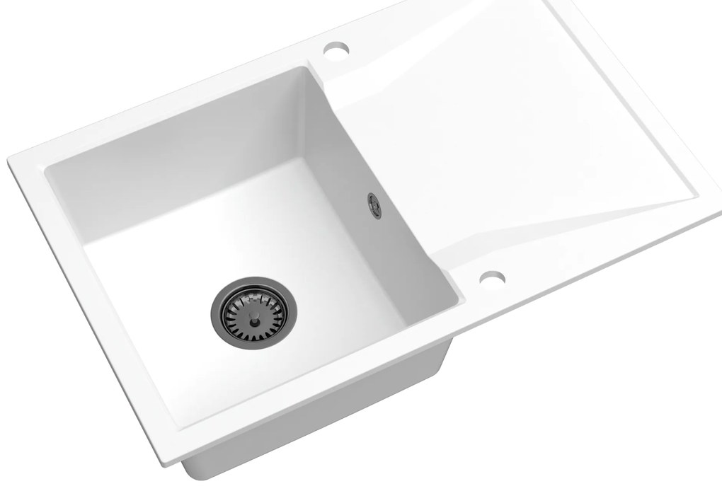 Sink Quality Obsidian, kuchynský granitový drez 790x500x210 mm + čierny sifón, biela, SKQ-OBS.W.1KDO.XB