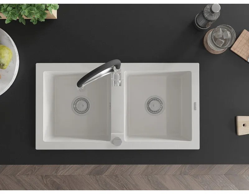 Mexen Mario, granitový drez 820x436x161 mm, 2-komorový a drezová batéria Aster, biela, 6504-20-73450-07