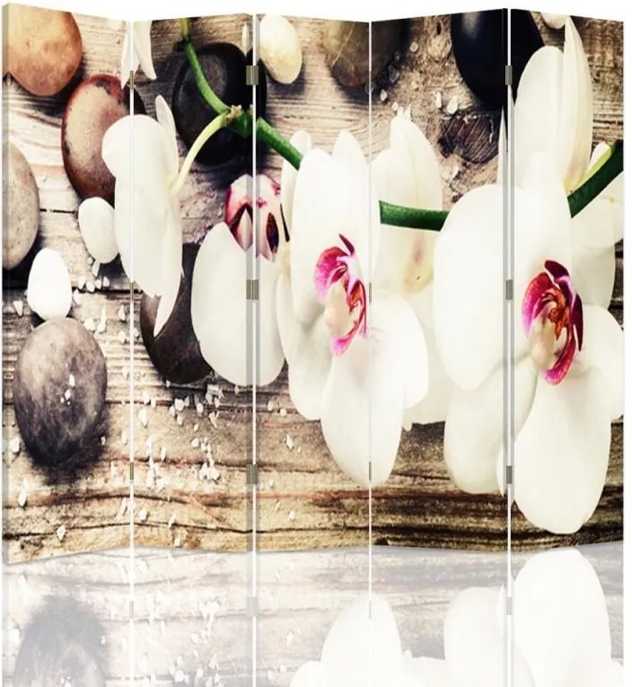CARO Paraván - White Flowers | päťdielny | obojstranný 180x150 cm