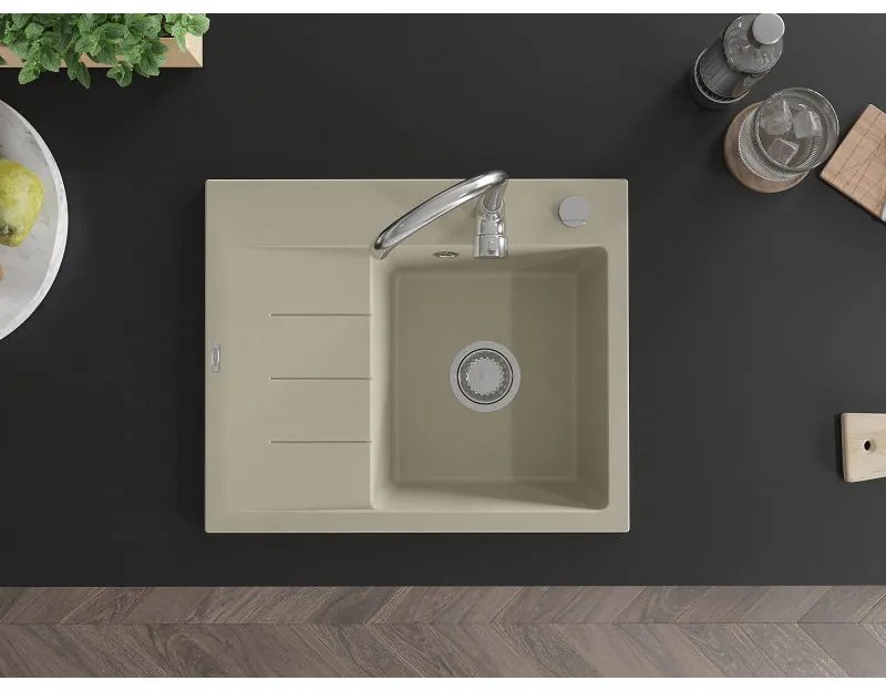 Mexen Ben, 1-komorový granitový drez 600x500x190 mm, pravý + chrómový sifón, béžová, 6523605000-69