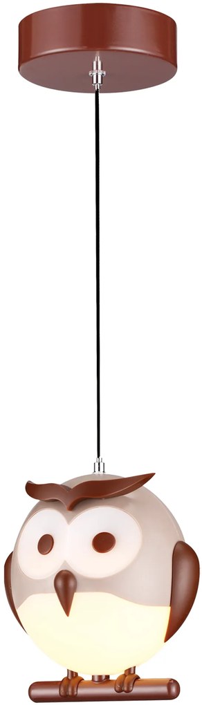 Detské závesné svietidlo Owl, 1x hnedé plastové tienidlo, br