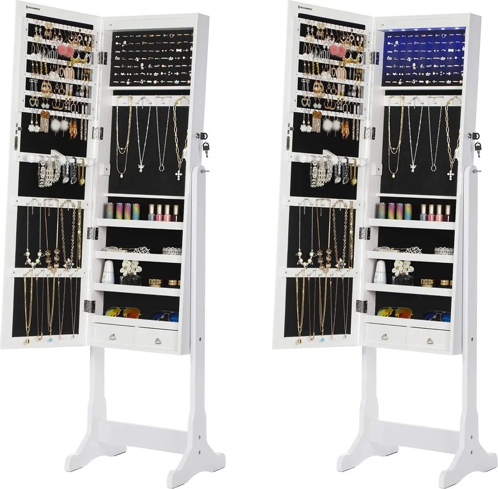 LED skrinka na šperky so zrkadlom po celej dĺžke s 2 zásuvkami, biela