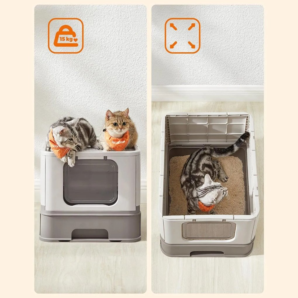 Toaleta pre mačky s vekom a výsuvným podnosom, krytá podstielka, sivá