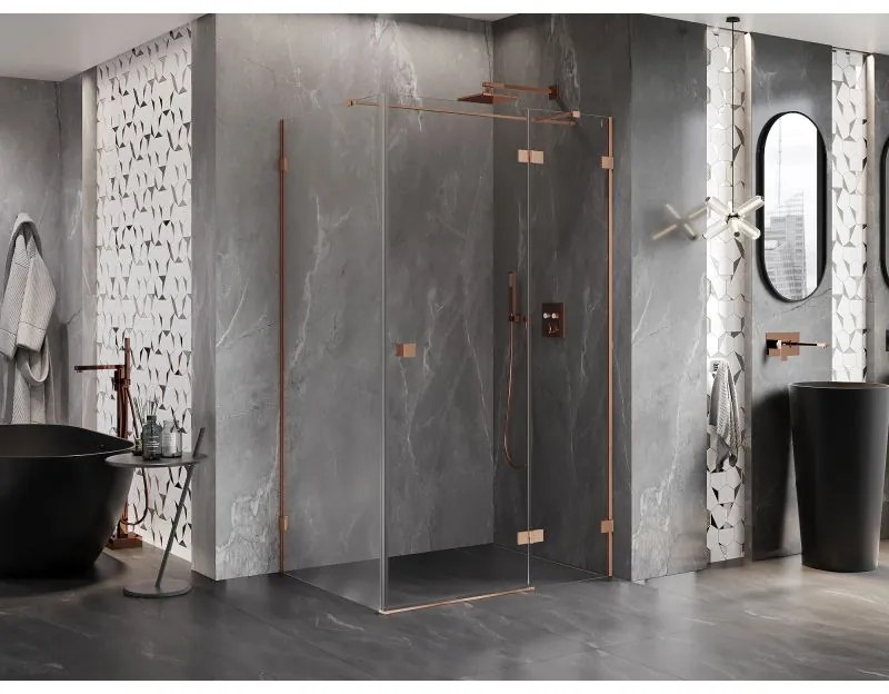 Mexen Lunar T, výklopný sprchový kút pravý 130 x 110 cm, 8mm číre sklo, profil medená matná, 834T-130-110-65-00-P