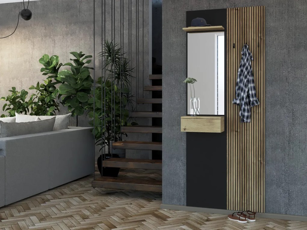 Předsíňový věšák se zrcadlem Wenis 02 75 cm dub Karlstad/dub Wotan/černý