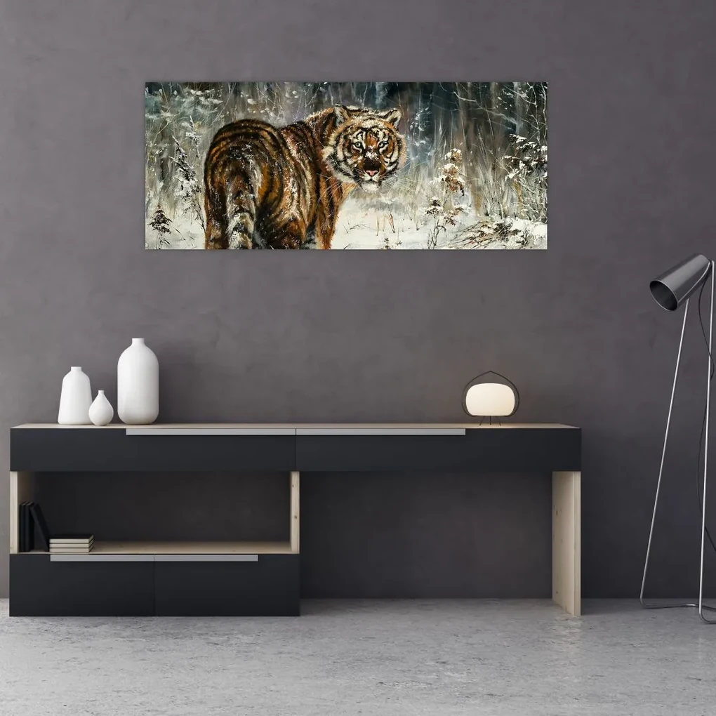 Obraz - Tiger v zasneženom lese, olejomaľba (120x50 cm)