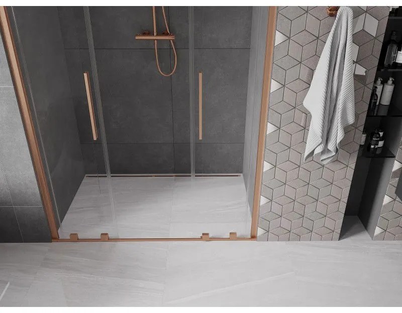 Mexen Velar L Duo, posuvné sprchové dvere do otvoru 140 cm, 8mm číre sklo, medená matná, 871-140-003-02-65