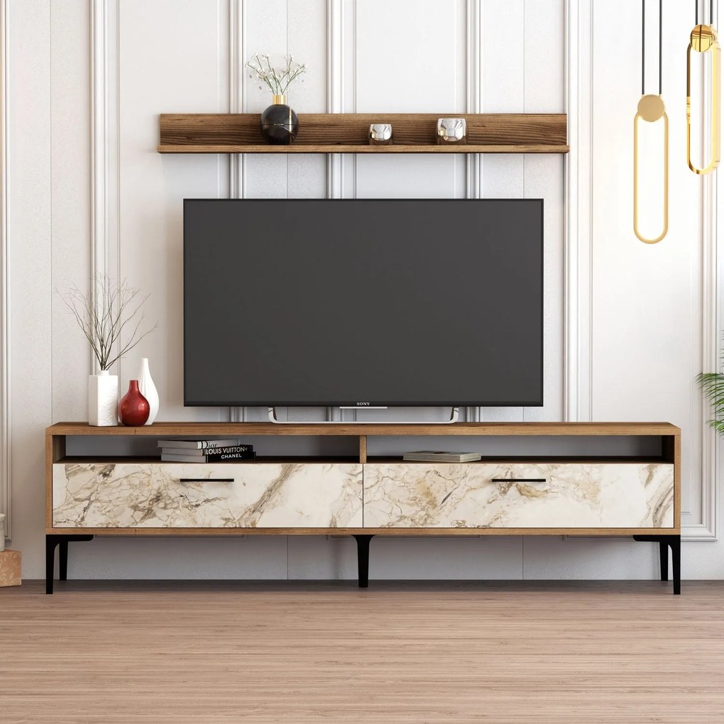 TV skrinka Istanbul - Walnut, White Marble