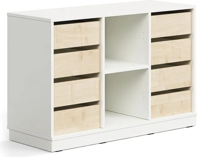 Úložná skrinka CASPER, 8 zásuviek, 2 priehradky, so soklom, biela/breza
