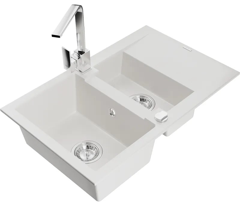 Mexen Gaspar, granitový drez 737x475x177 mm, 1,5-komorový a chrómová batéria Rita, biela, 6507-20-670300-00