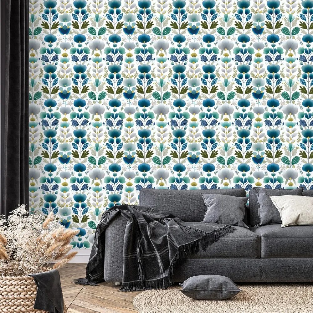 Tapeta modré kvety na bielom pozadí