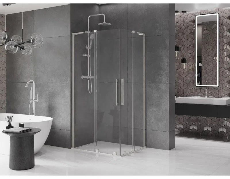 Mexen Velar L Duo, sprchový kút s posuvnými dverami 90 x 80 cm, 8mm číre sklo, brúsená oceľ, 871-090-080-02-03-97