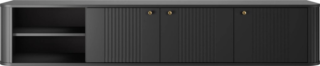 Čierna visiací RTV skrinka Vesper 187 cm s tromi dverami - zlaté úchyty