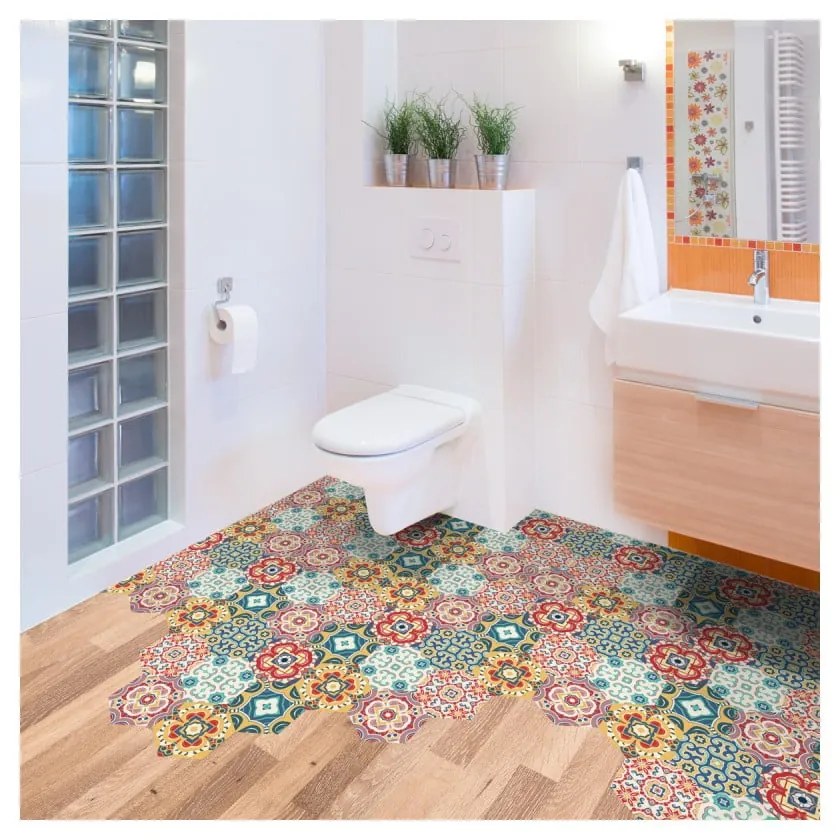 Sada 10 samolepiek na podlahu Ambiance Floor Stickers Hexagons Lorena, 40 × 90 cm