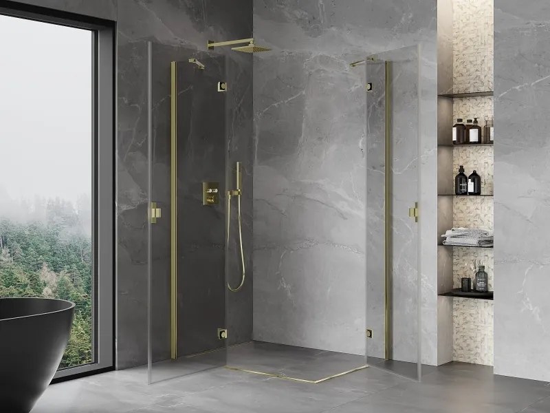 Mexen Mist-H Duo, 2-krídlový výklopný sprchový kút 90 x 75 cm, číre sklo, zlatý lesklý profil, 8A5-090L-075P-50-00