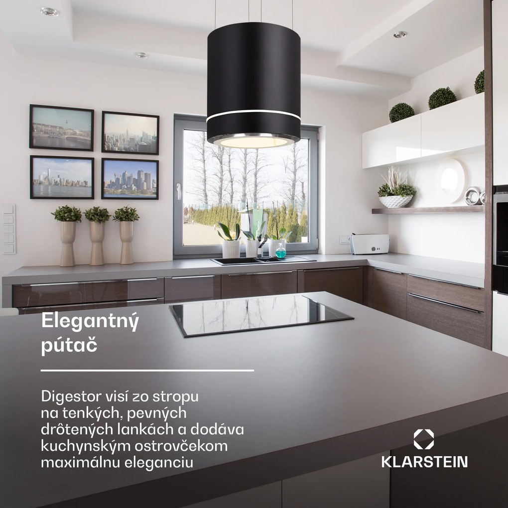 Klarstein Tron Ambience, digestor, 38 cm, ostrovčekový, 540 m³/h, LED, čierny