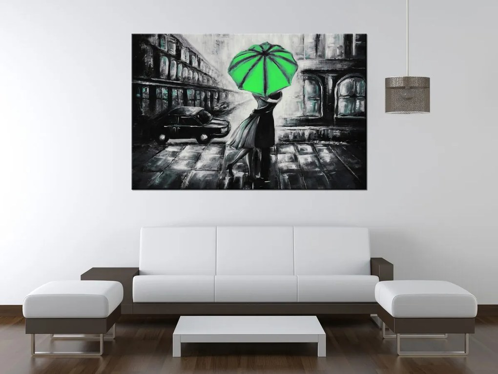 Gario Ručne maľovaný obraz Zelený bozk v daždi Rozmery: 100 x 70 cm