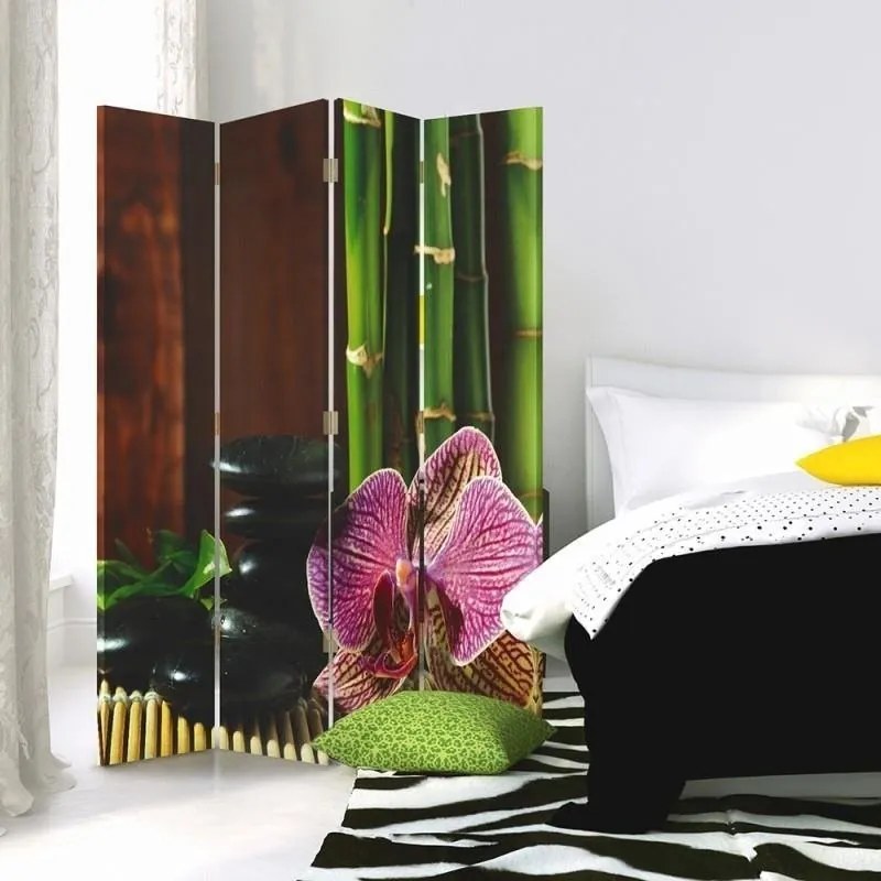 Ozdobný paraván Zen Orchid Bamboo - 145x170 cm, štvordielny, obojstranný paraván 360°
