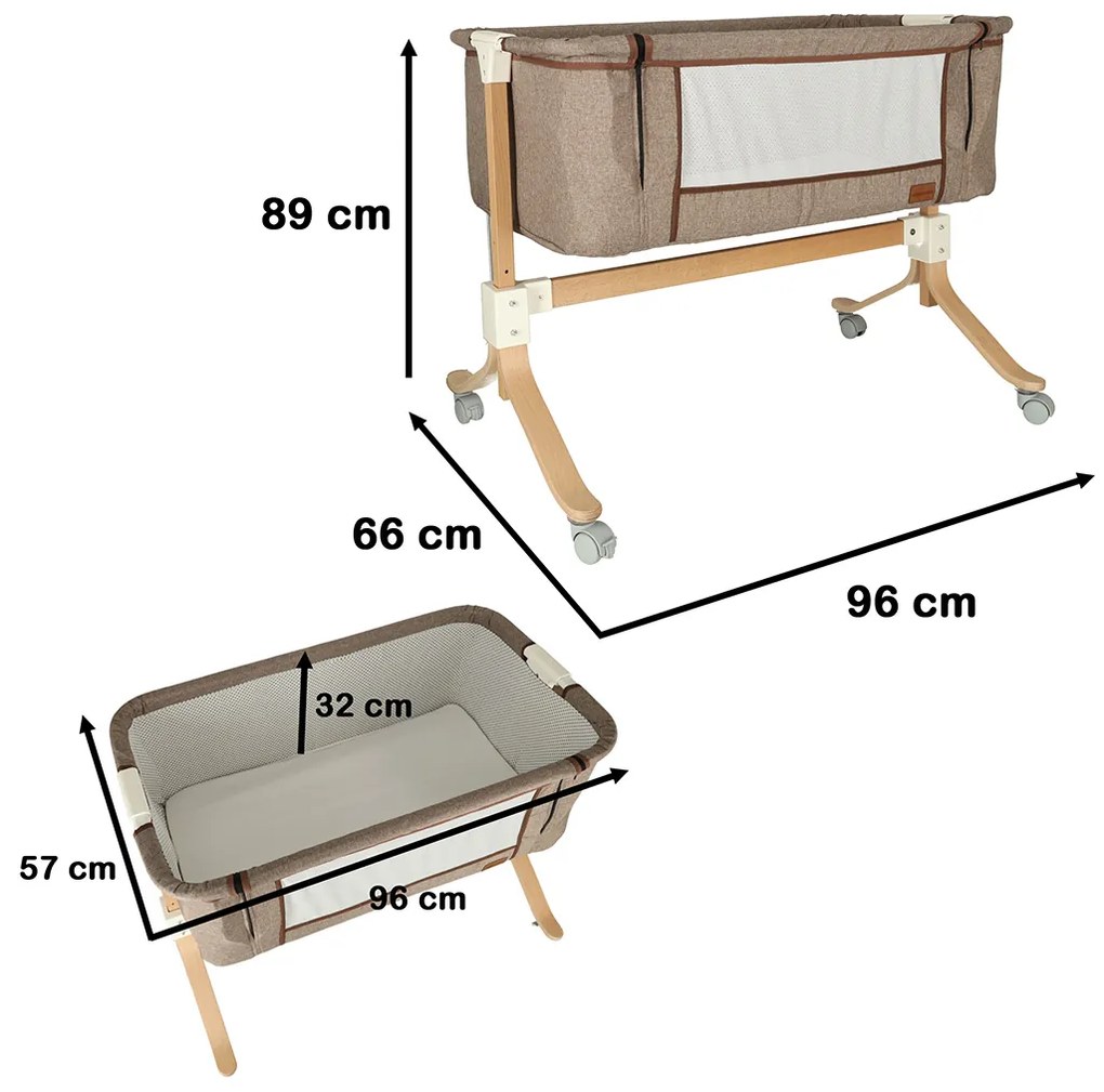 KIK Detská postieľka, drevená postieľka na kolieskach detská posteľ hnedá