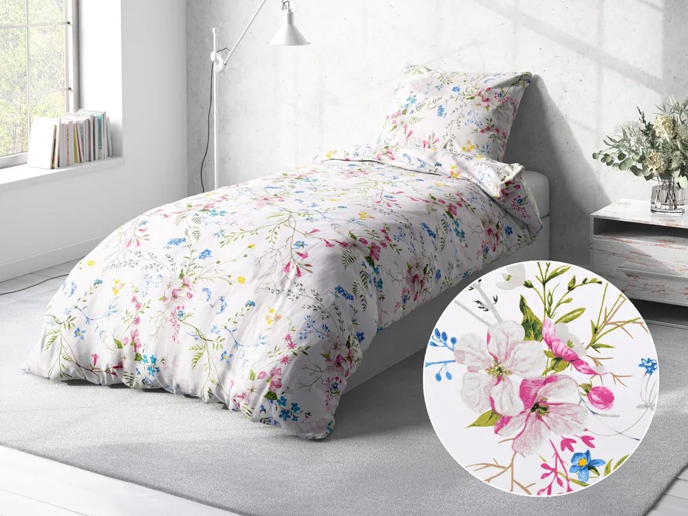 Biante Bavlnené posteľné obliečky Sandra SA-453 Modro-ružové kvety na bielom Jednolôžko 140x200 a 70x90 cm