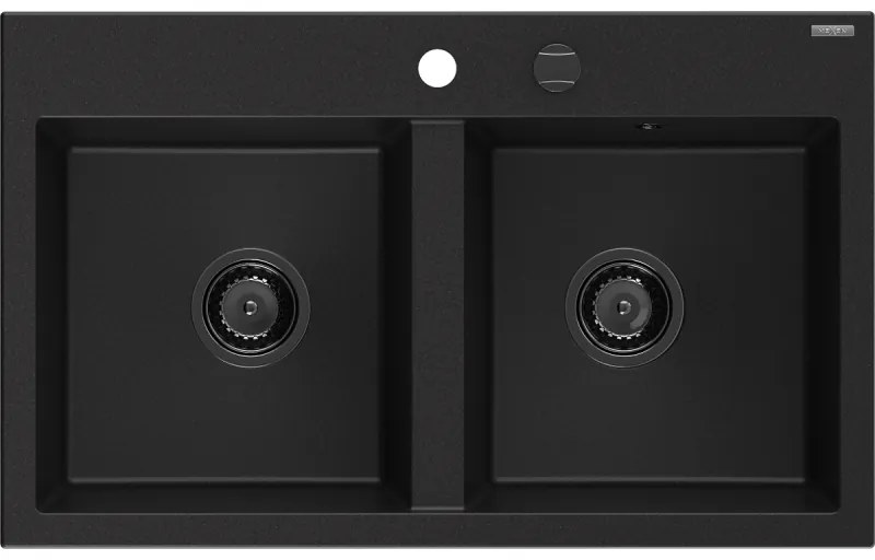 Mexen Hektor, 2-komorový granitový drez 800x480x205 mm, čierna, grafitový sifón, 6521802000-77-B