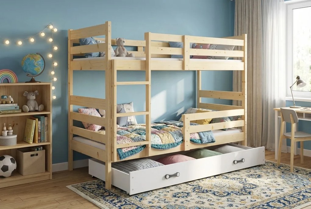 Poschodová posteľ so zásuvkou a matracmi ERIK natural 190x90 borovica - biela